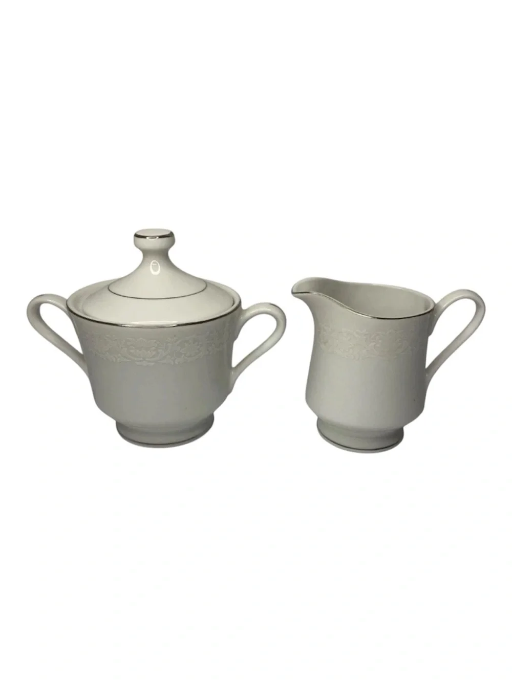 Vintage Diamond China Charm Sugar Bowl & Creamer Set White Platinum Trim